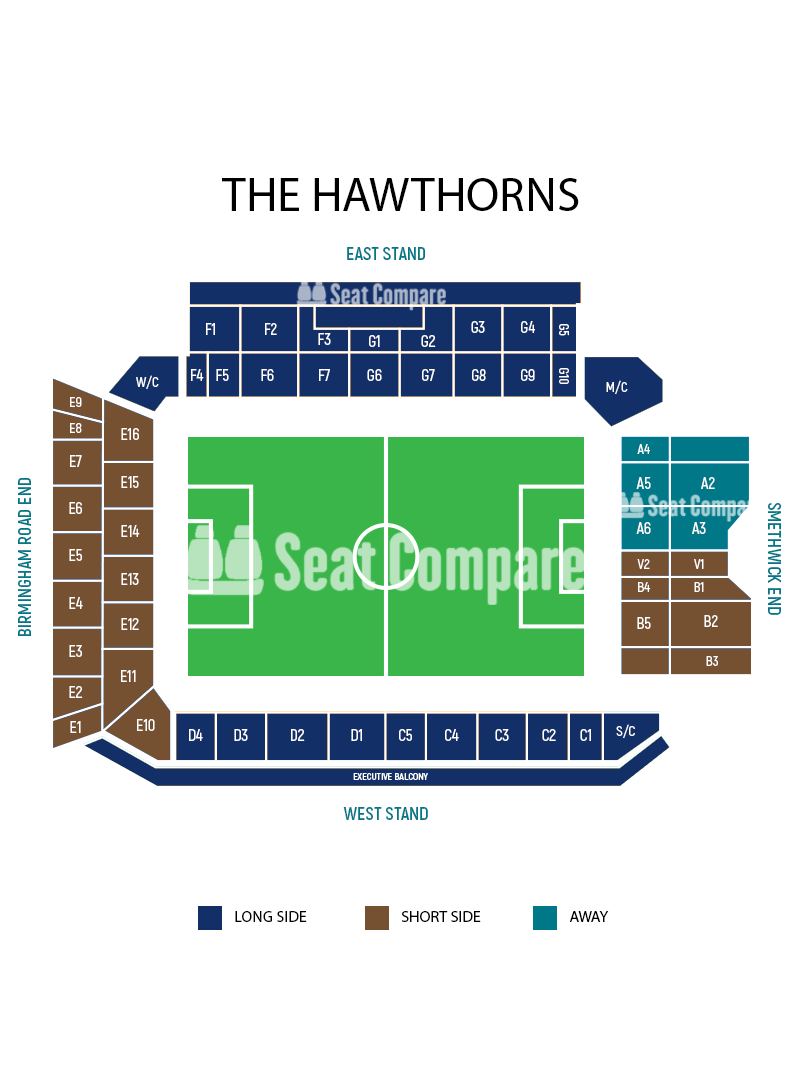 Seating plan and map of Hawthorns (West Bromwich) 